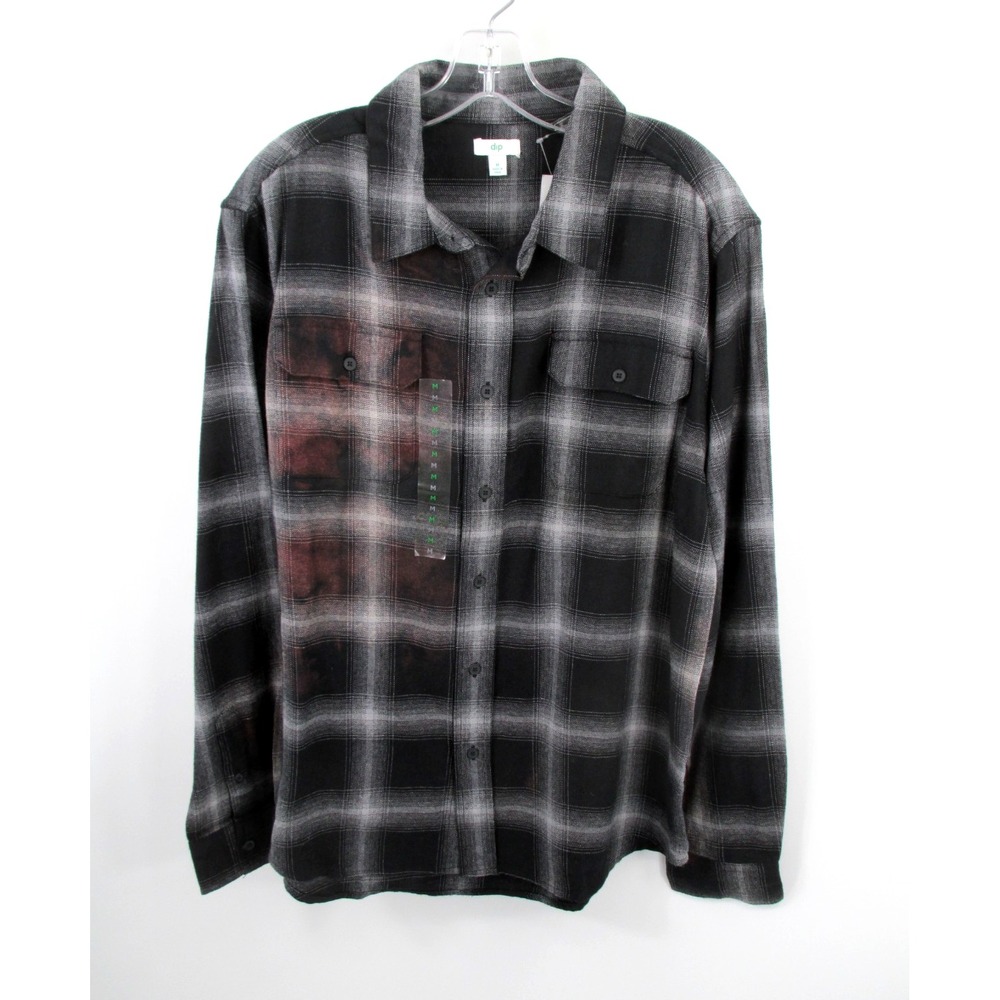 DIP Men M Black Brown Plaid Flannel Button-Up Long Sleeve Shirt P8-25